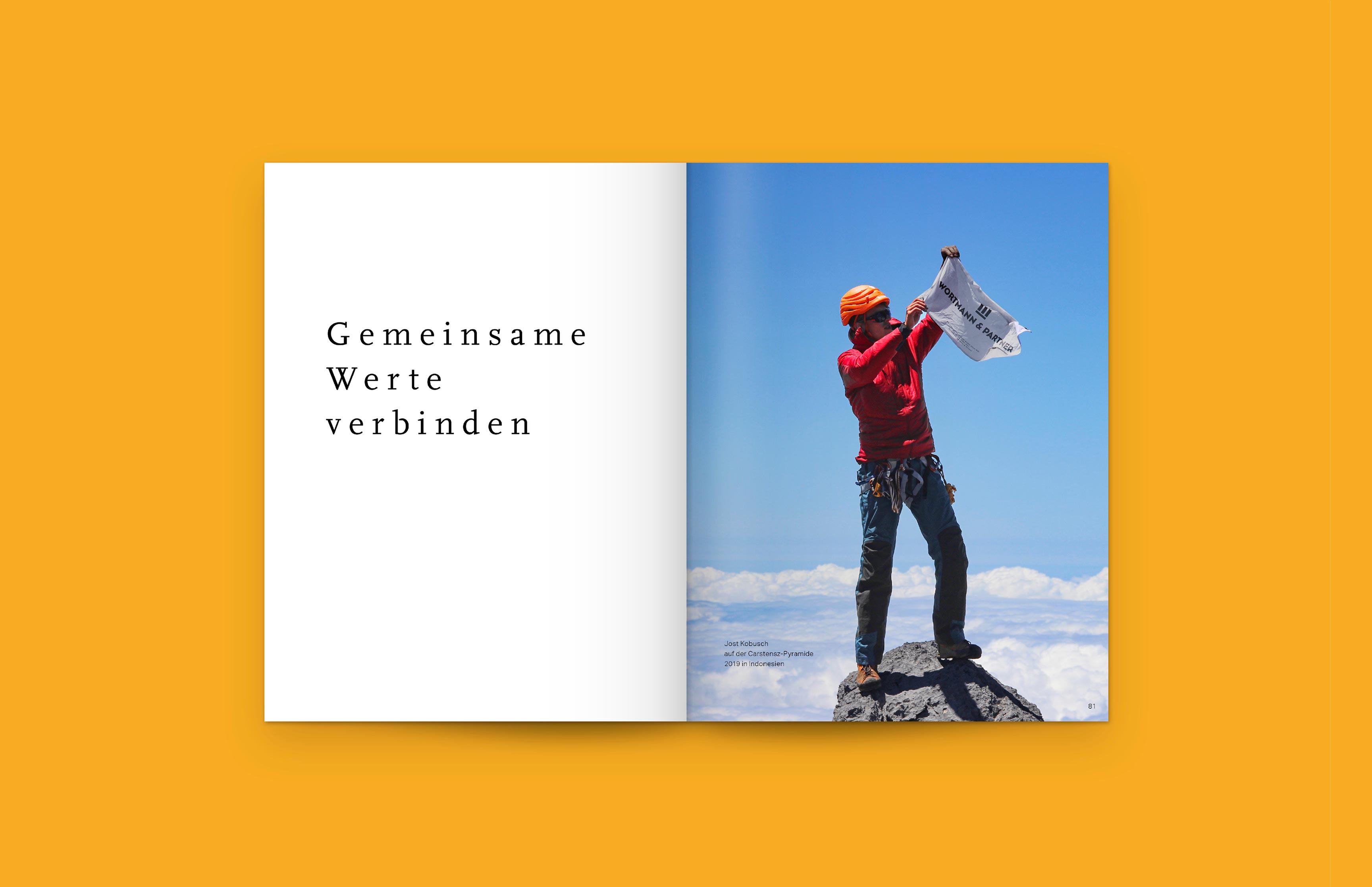Detailansicht, Doppelseiten Wertebuch mit Jost Kobusch für Wortmann & Partner von Neue Identität Bielefeld.