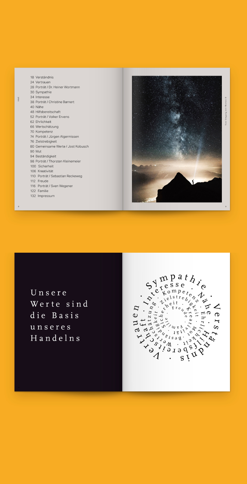 Detailansicht, Doppelseiten Wertebuch Konzept – Kommunikationsdesign für Wortmann & Partner von Neue Identität Bielefeld.