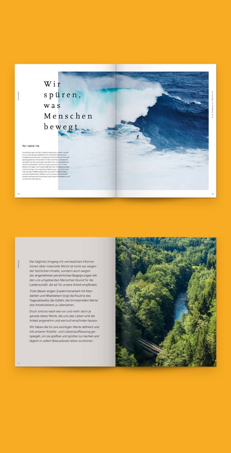Doppelseite aus dem Wertebuch von Wortmann & Partner mit Text und Naturfotografie – konzeptionelles Editorial Design von Neue Identität Designagentur Bielefeld.