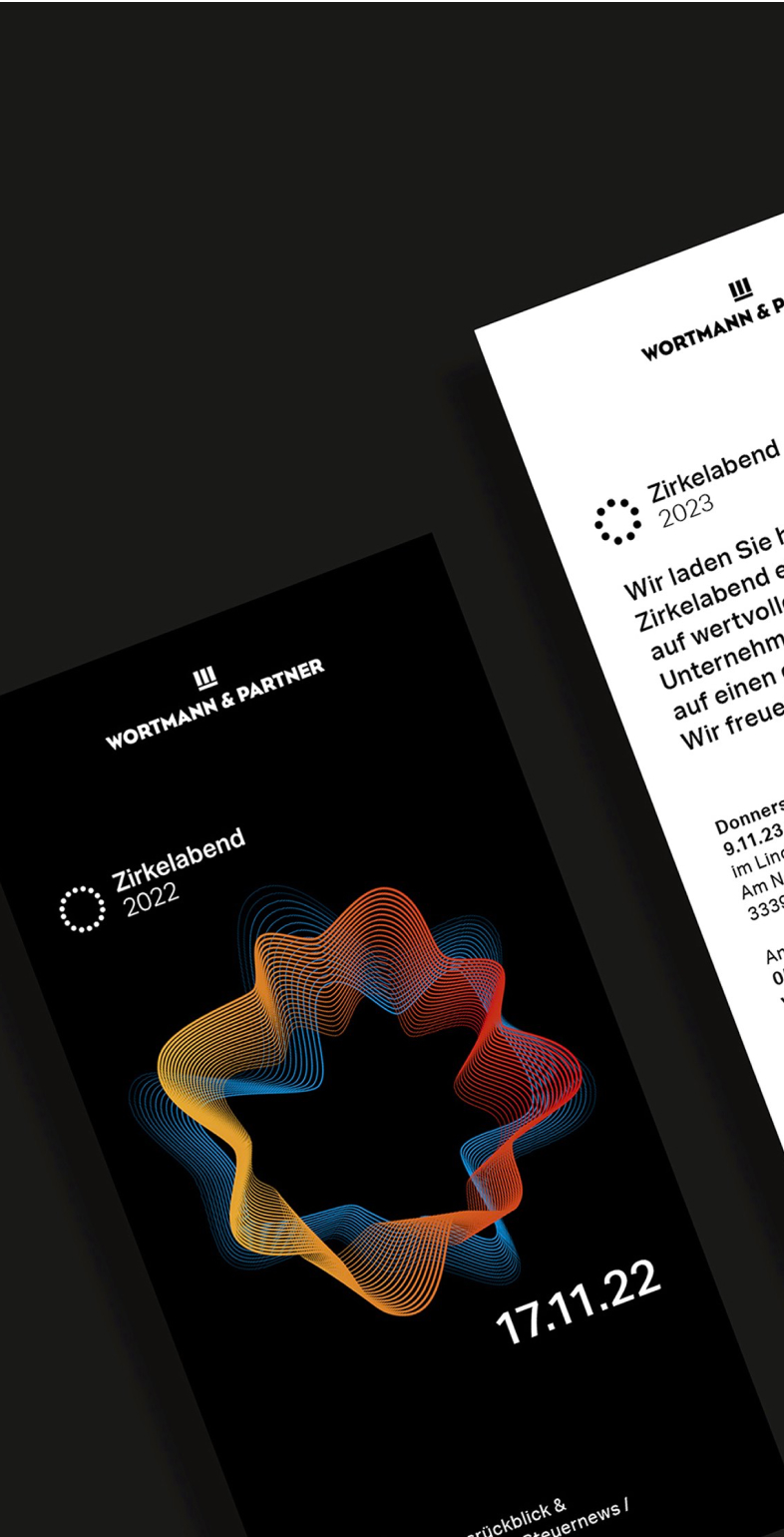 Flyer-Serie für die Veranstaltungsreihe ‚Zirkelabend‘ von Wortmann & Partner – Corporate Design und Eventkommunikation von Neue Identität aus Bielefeld.
