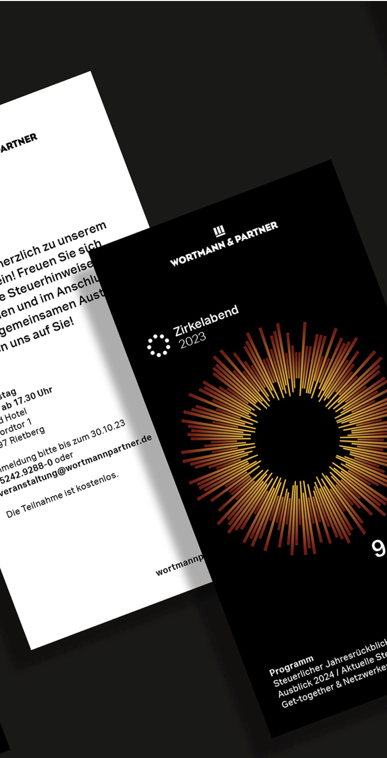 Flyer-Serie für die Veranstaltungsreihe ‚Zirkelabend‘ von Wortmann & Partner – Corporate Design und Eventkommunikation von Neue Identität aus Bielefeld.