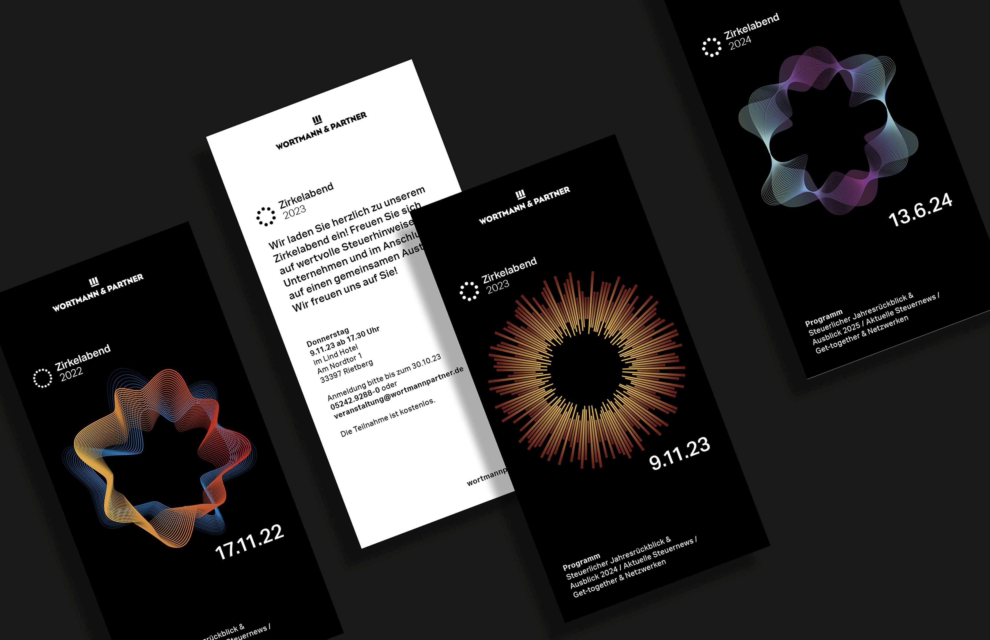 Flyer-Serie für die Veranstaltungsreihe ‚Zirkelabend‘ von Wortmann & Partner – Corporate Design und Eventkommunikation von Neue Identität aus Bielefeld.